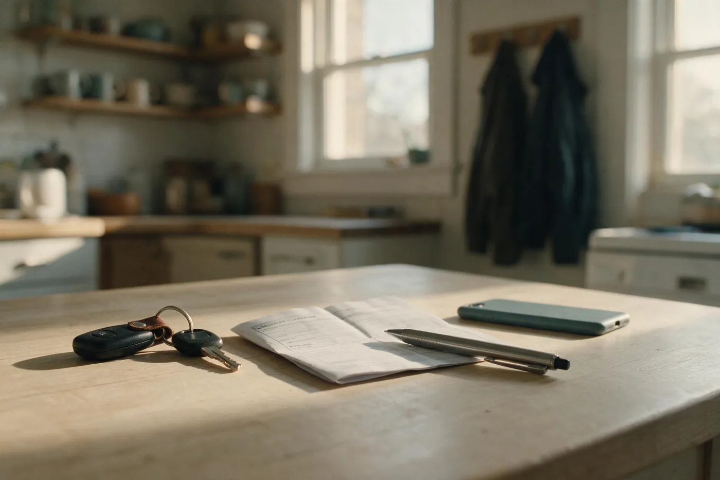 Car keys and an accident report on a kitchen table