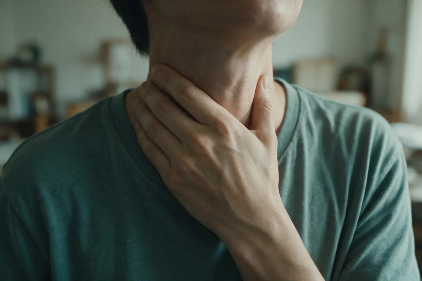 Person holding their neck in discomfort